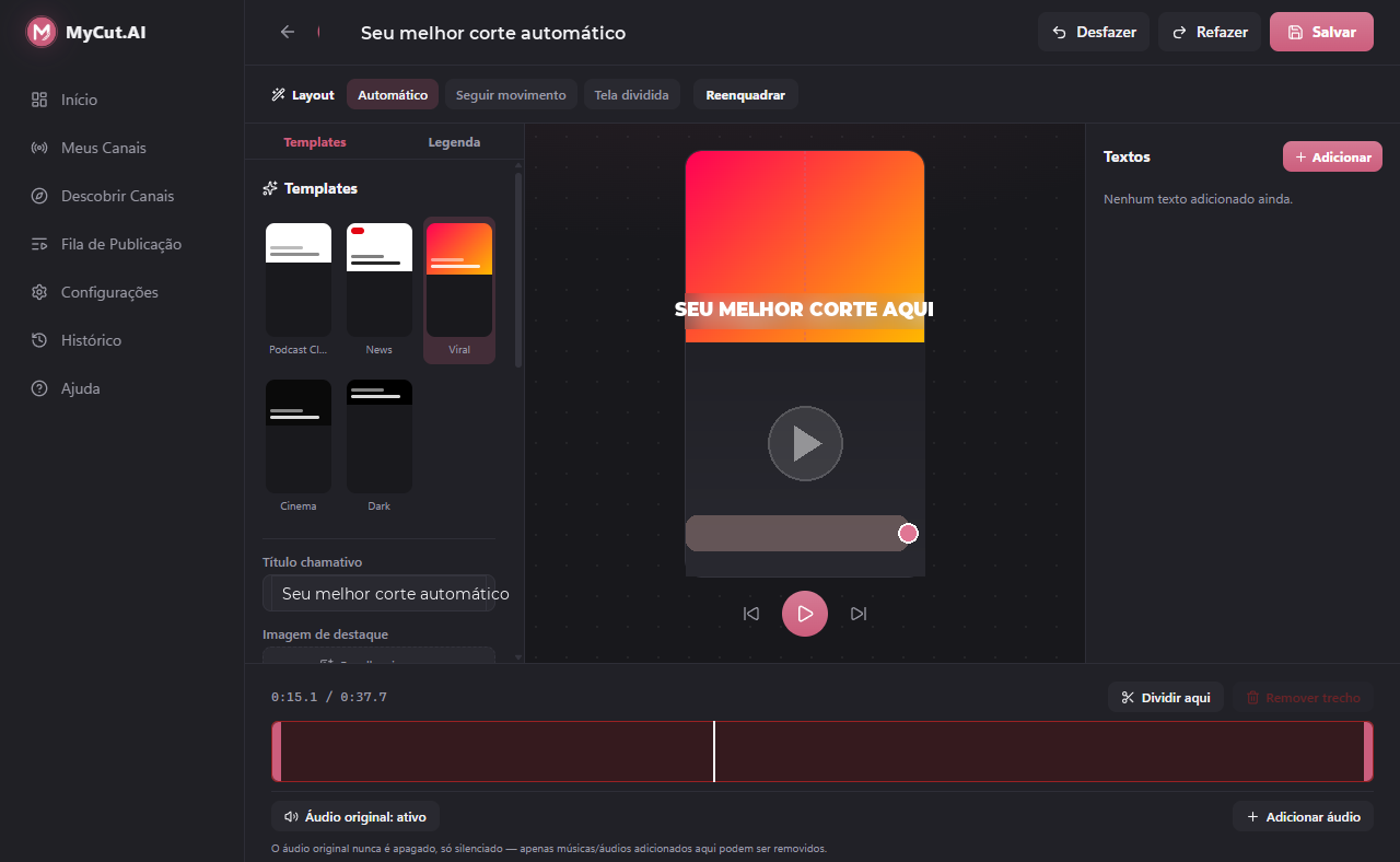 Editor Pro do MyCut.AI, com o template "Viral" aplicado em tempo real sobre um clipe