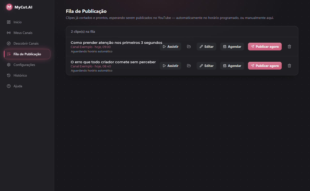 Fila de Publicação do MyCut.AI, com clipes prontos aguardando o horário automático